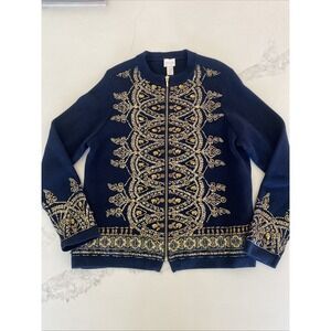 Chico's Demitria Cardigan Women's M Navy Gold‎ Embroidered Byzantine Beaded Zip